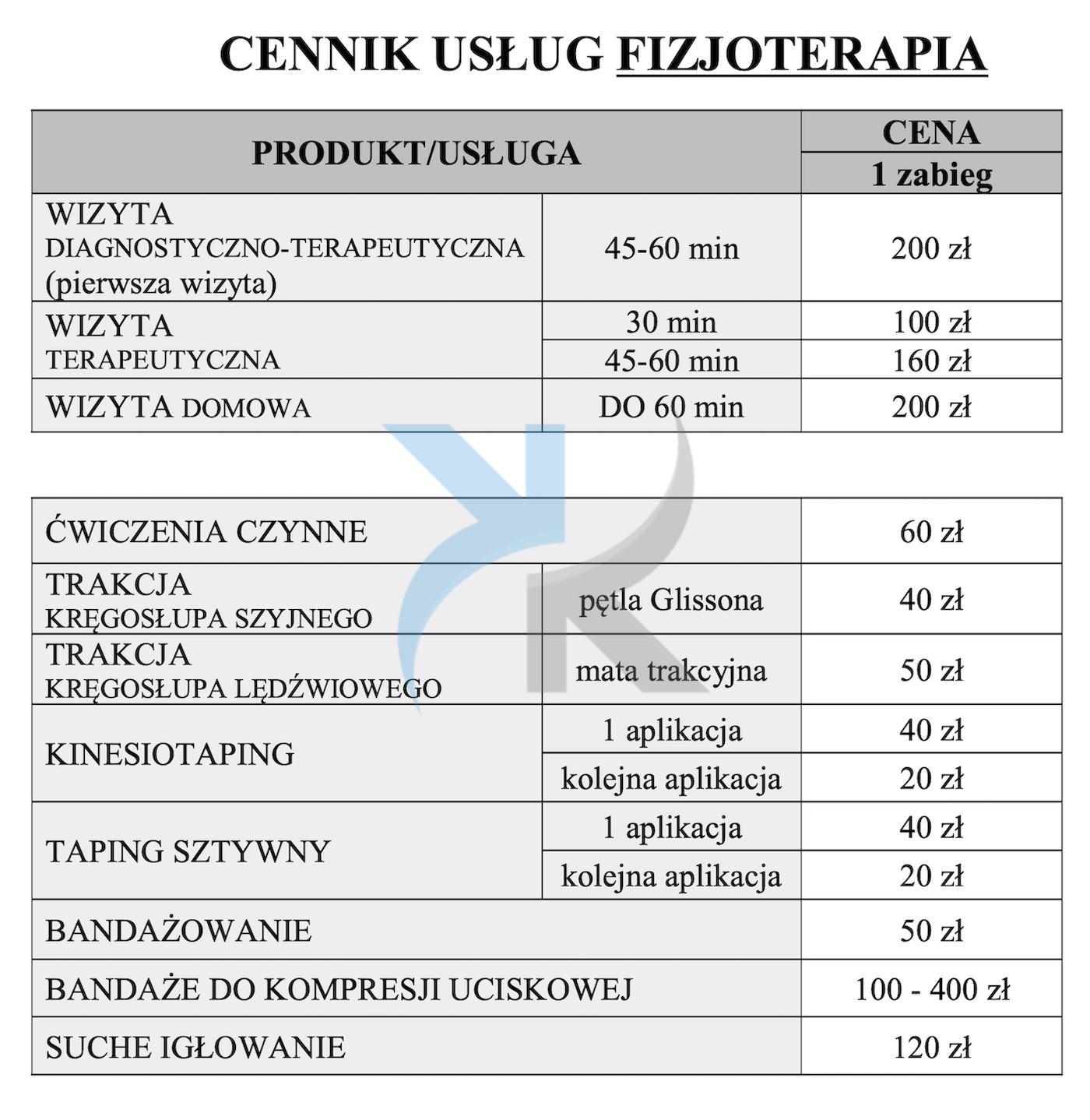 cennik usług fizjoterapii
